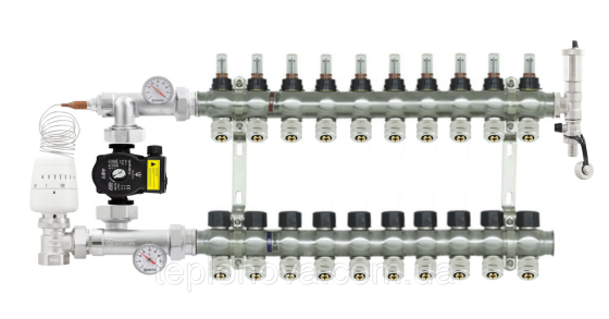 Колектор в зборі на 10 пар виходів нержавійка  "Raftec" ARC10 для Теплої Підлоги з розходомірами Чернівці