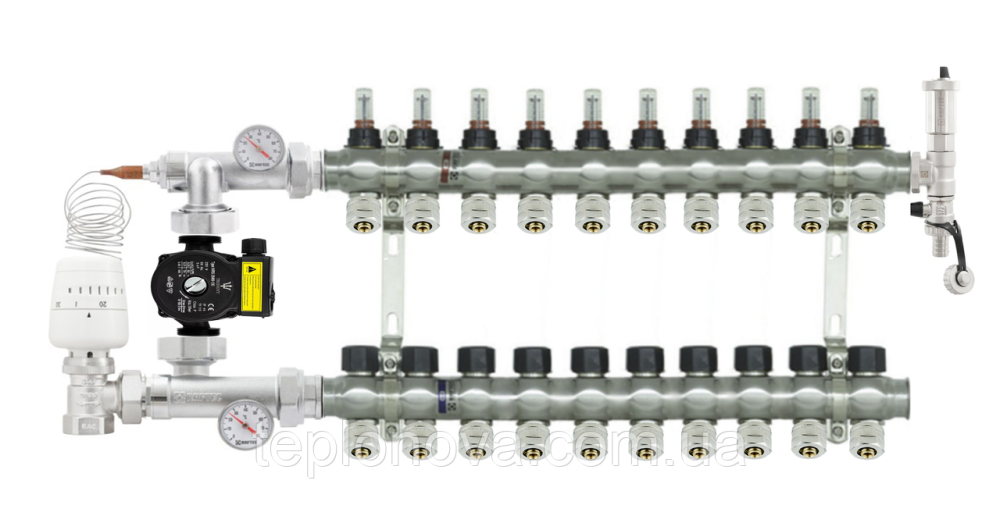 Колектор в зборі на 10 пар виходів нержавійка  "Raftec" ARC10 для Теплої Підлоги з розходомірами Чернівці - фото 1
