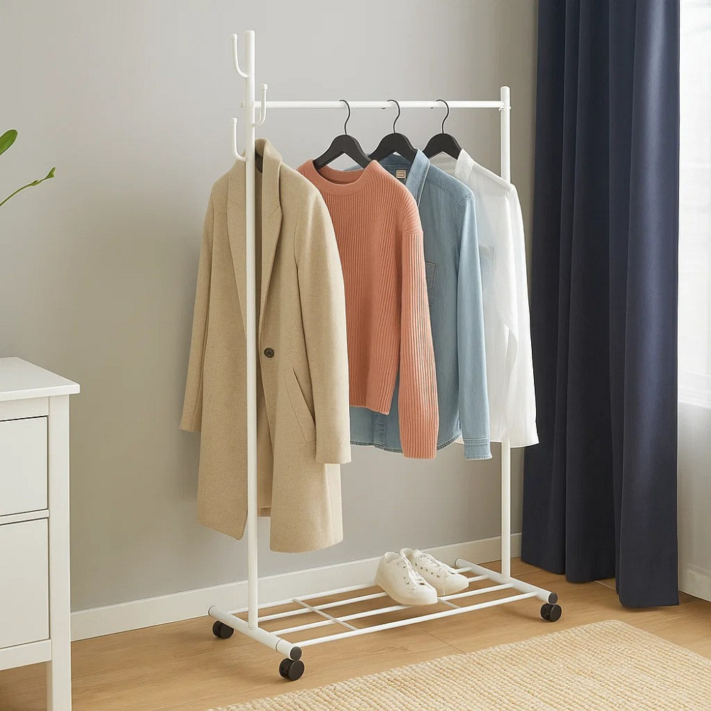 Вешалка для одежды передвижная металлическая с стойкой для тремпелей и стойкой с крючками Каменец-Подольский - изображение 1