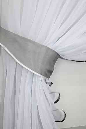 Кухонні шторки VR-Textil № 060к "Дует" з підв'язками сірий з білим 330х170 см (50-138) Київ