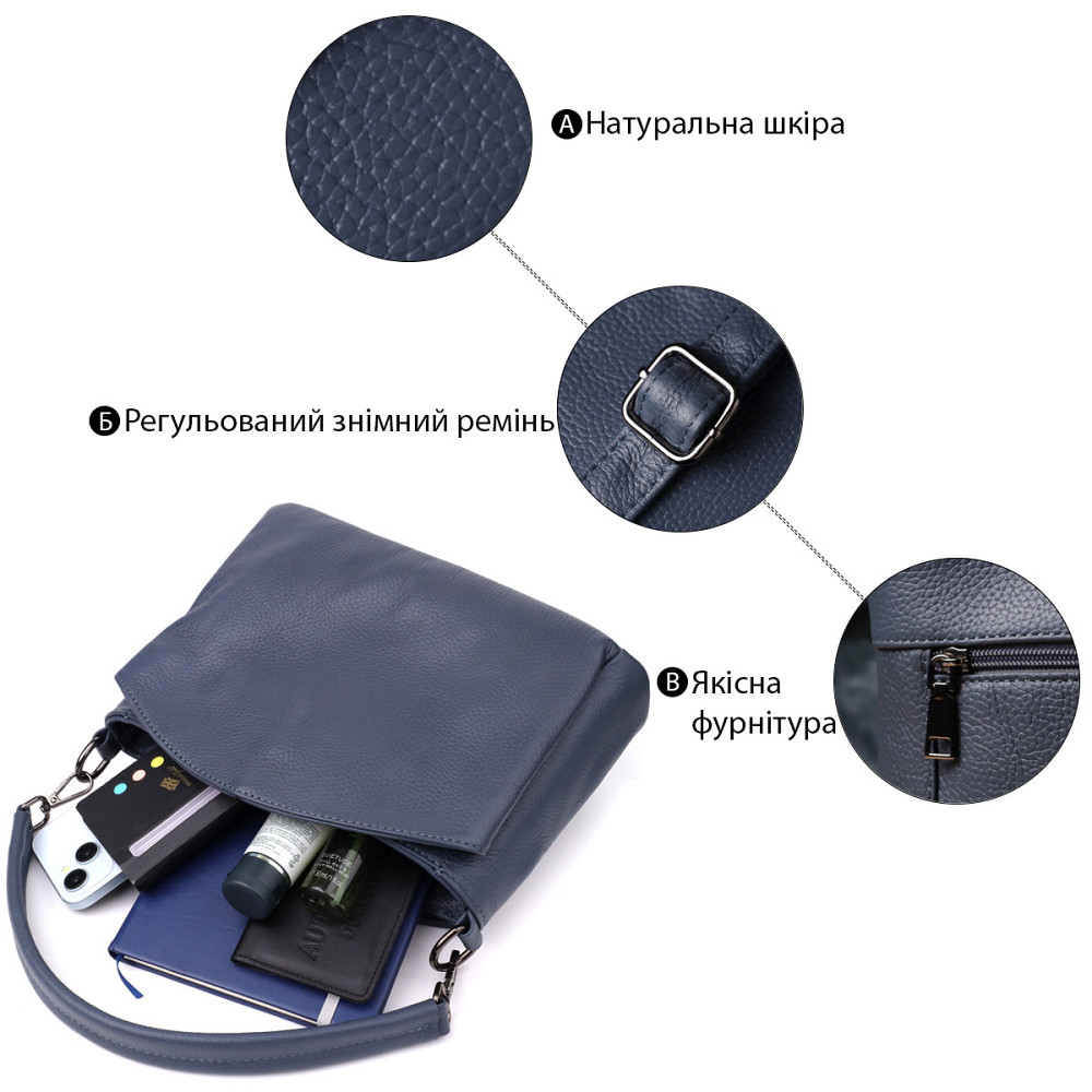 Сумка на плечо из натуральной кожи для женщин Vintage 23009 Синий Киев - изображение 4
