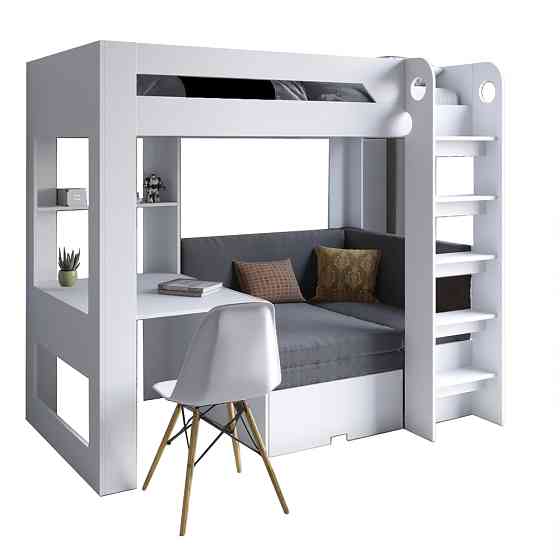 Детская двухъярусная кровать LION Флай 90х190 см со встроенным столом Нимфея Альба (белый) (LION-041643) ТОП Днепр