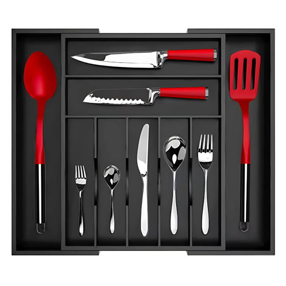 Органайзер для столовых приборов, раздвижной для кухни бамбуковый лоток для хранения вилок,ложек и ножей,черный Каменец-Подольский