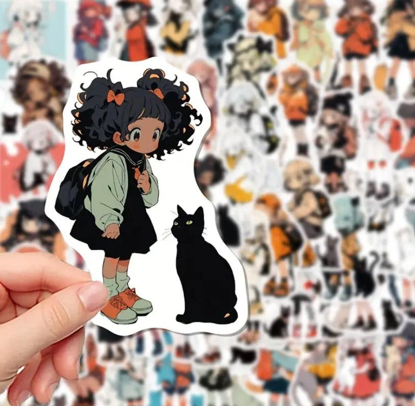 Набір наклейок з малюнками аніме дівчаток з кішками (50 шт.), стікербомбінг аніме Київ - фото 2