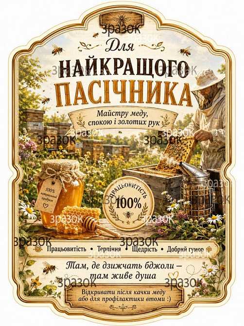 Комплект етикеток на пляшку «Для найкращого пасічника» — подарунок бджоляру з гумором Одеса - фото 1