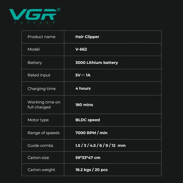 Аккумуляторная машинка для стрижки VGR V-662 GREEN, 7000 RPM, 6 насадок, LED дисплей Коломыя - изображение 3