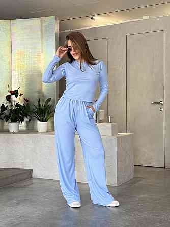 Женский костюм в рубчик с широкими штанами Голубой XS/S Харьков