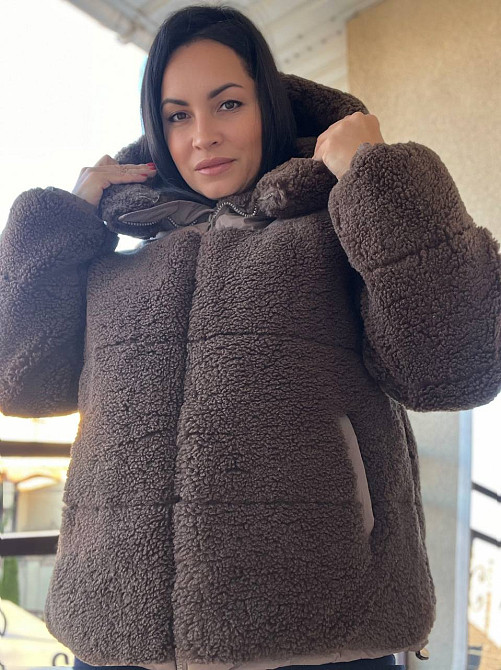 Куртка женская Lady Yep 9055 тедди комбинированный искусственный мех оверсайз с капюшоном, коричневый, 44-48 Киев - изображение 12