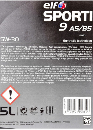 Синтетична моторна олія Elf Sporti 9 A5/B5 5W-30 5 л SL/CF Вінниця - фото 5