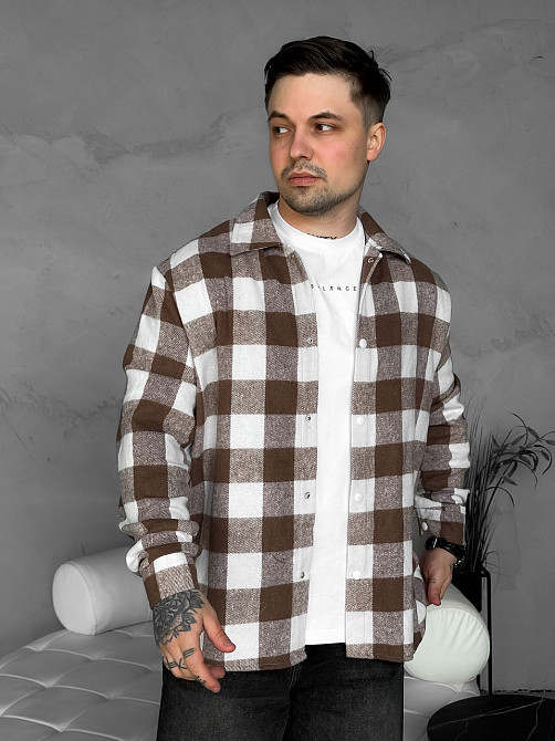 Чоловіча сорочка в клітинку оверсайз бавовна 100 на весну/осінь oversize клітинка чорно-білакоричнево-біла Одеса - фото 8