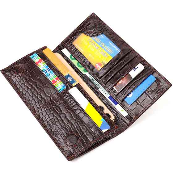 Практичний чоловічий вертикальний гаманець із натуральної шкіри з тисненням під крокодила CANPELLINI 21907 Коричневий Київ