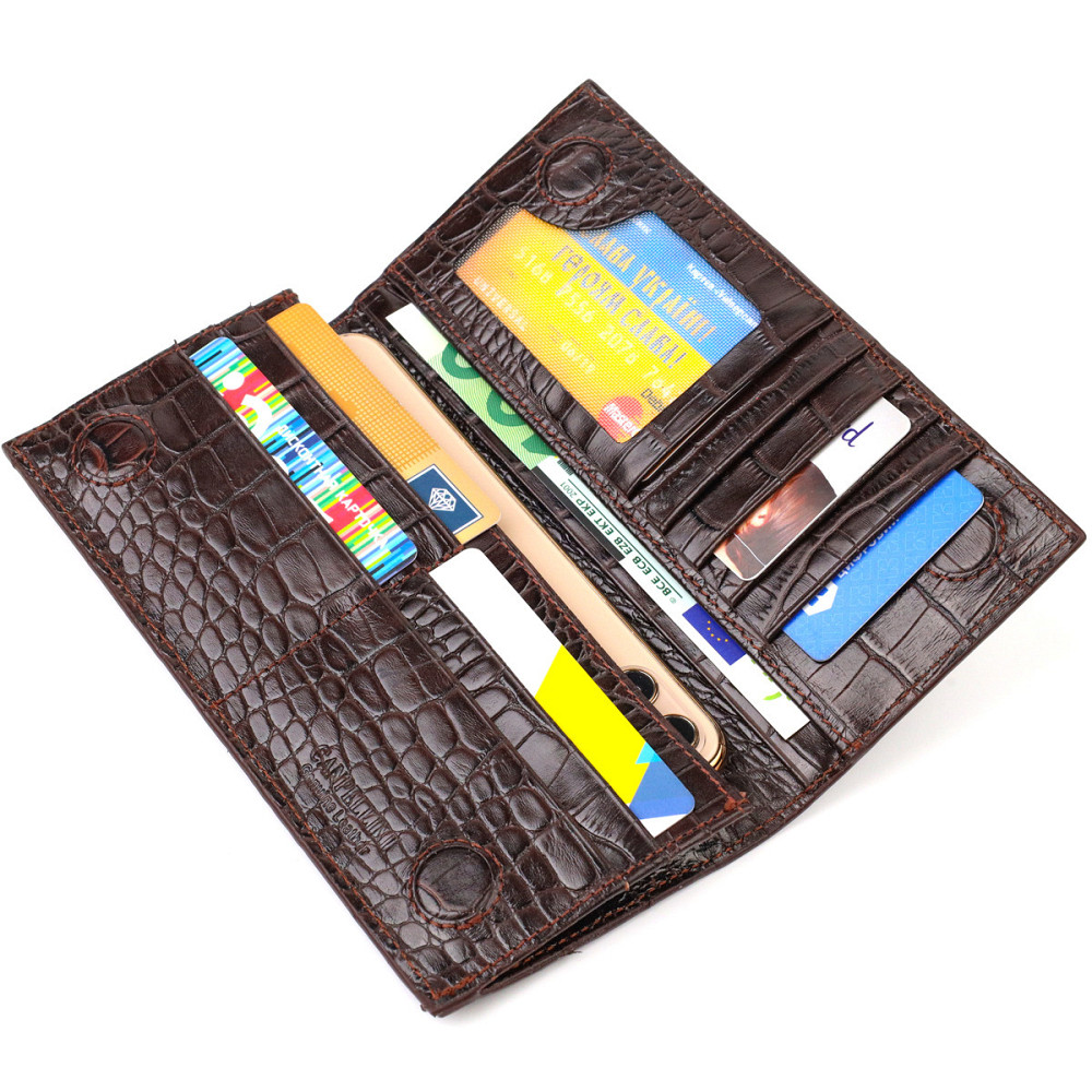 Практичный мужской вертикальный бумажник из натуральной кожи с тиснением под крокодила CANPELLINI 21907 Коричневый Киев - изображение 5