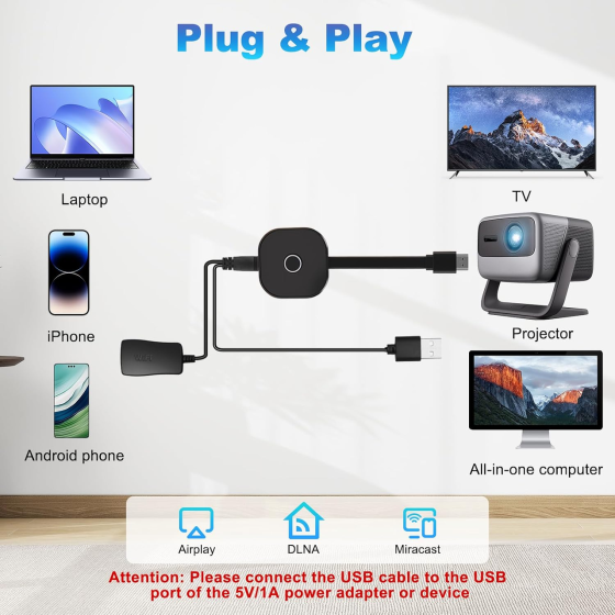 Бездротовий HDMI-адаптер 4K Ultra HD, Wi-Fi 2.4/5 ГГц, трансляція екрана iPhone/Android/Windows/macOS, до 20 м Київ