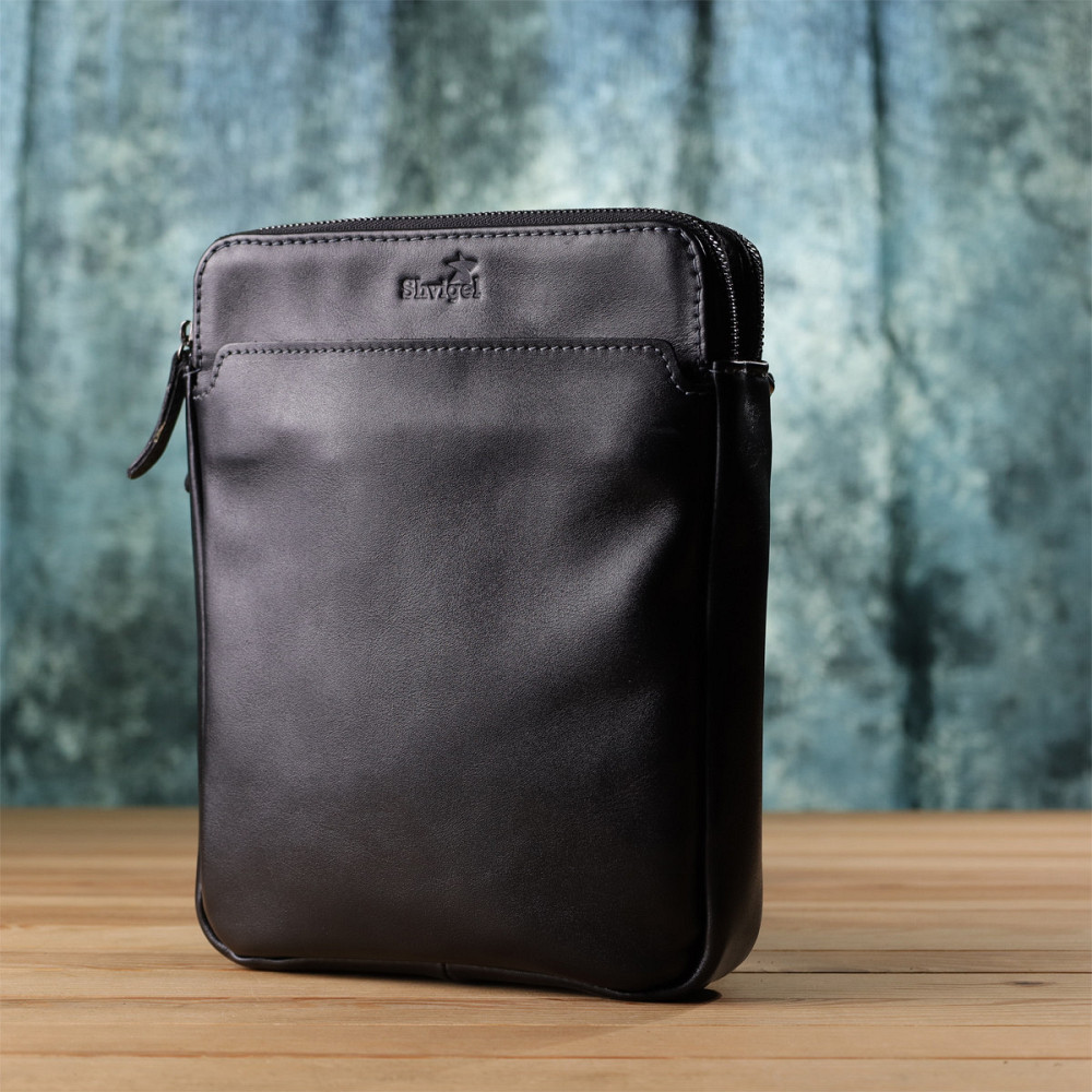 Красивая мужская сумка через плечо из гладкой натуральной кожи Черный (SHVIGEL) Киев - изображение 3
