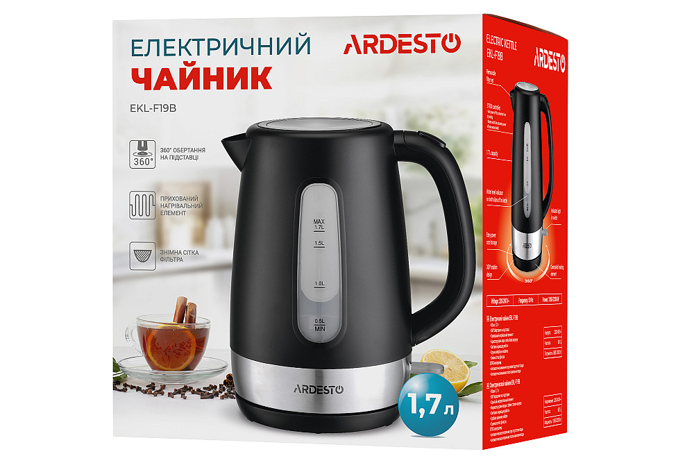 Електрочайник ARDESTO 1.7л, Strix, пластик, чорний матовий Киев - изображение 11