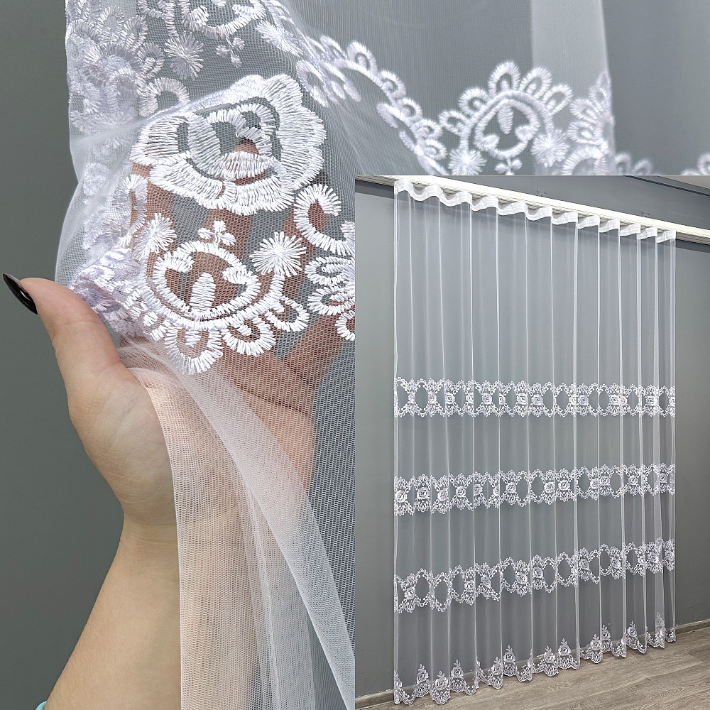 Тюль VR-Textil 1848т Фатин с вышивкой Холодный белый 300х270 см (40-212) Киев - изображение 1