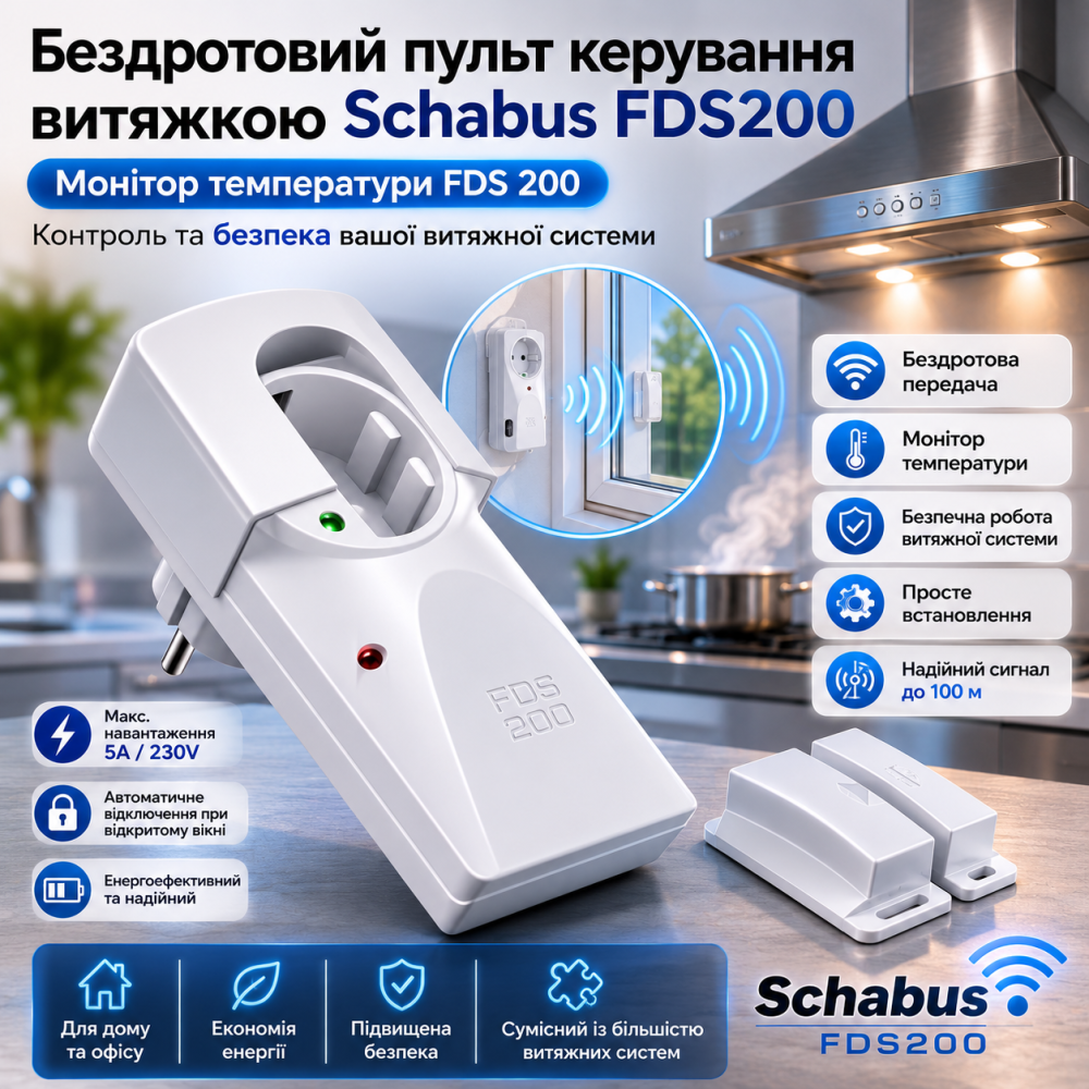 Бездротовий Контролер Витяжки Schabus FDS 200 Радіодатчик Вікна З Приймачем 5A Для Безпечної Роботи Витяжних Систем Київ - фото 1