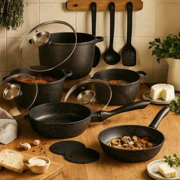 Набор кухонной посуды Edenberg EB-8182 с мраморным антипригарным покрытием 17 предметов JT-76 Львов - изображение 1