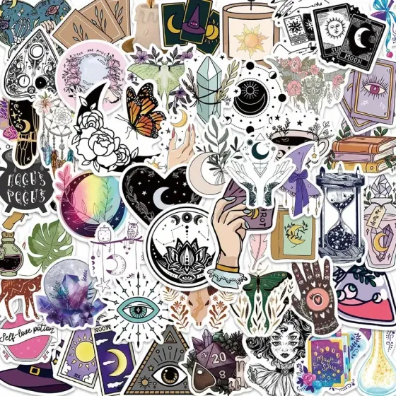 Набор ведьминских стикеров – 50 шт, до 5,6 см, водостойкие наклейки: луна, таро, кристаллы, глаз, магия Киев