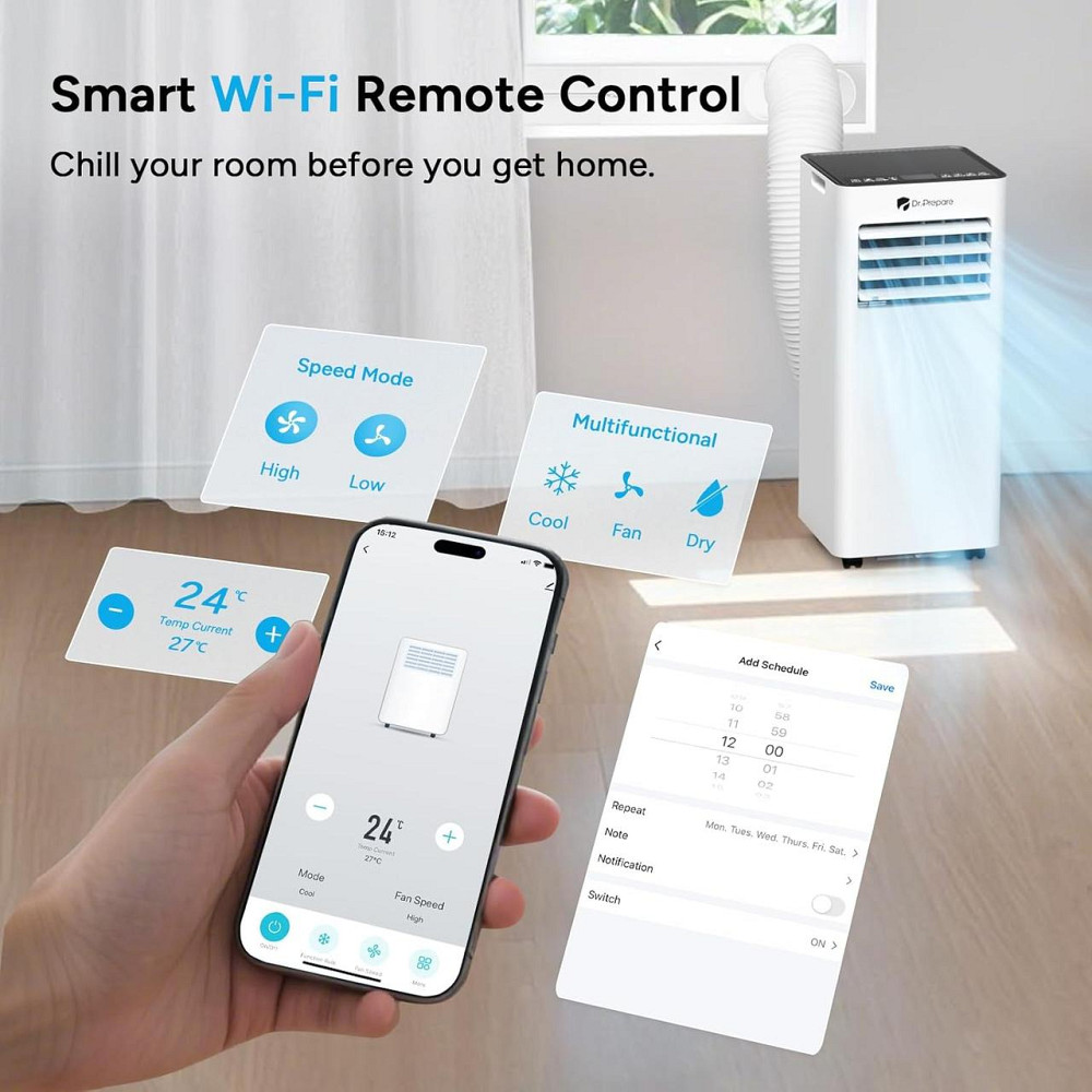 Портативний кондиціонер DR.PREPARE DCAC07F Білий 7000 BTU Wi‑Fi App 4‑в‑1 охолодження осушувач вентилятор пульт таймер до 20 м² Київ - фото 3