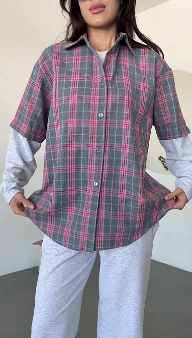 Женский повседневный костюм двойка: рубашка в клетку и штаны турецкая фланель + двунитка Одесса - изображение 5