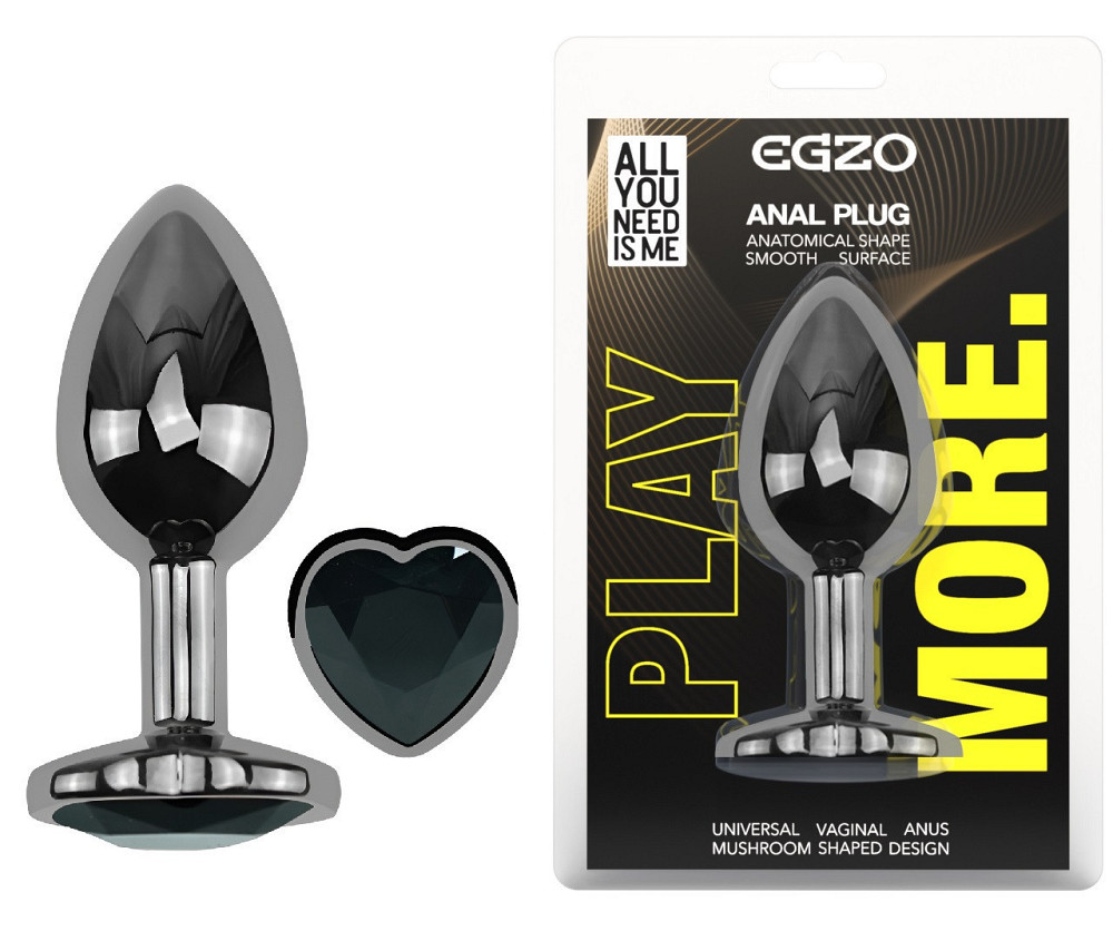Анальна пробка з кристалом EGZO - Dark Silver Heart Plug Black size M Sex Aura Київ - фото 1