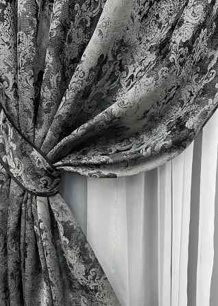 Комплект штор на люверсах VR-Textil Льон Преміум № 1695ш Чорний з сірим 150х280 см 2 шт (37-0247) Київ