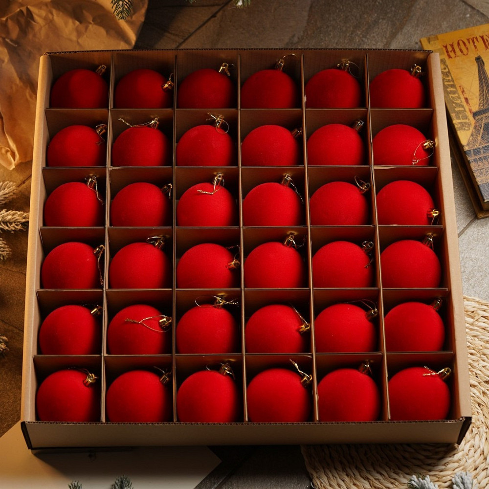 Набор новогодних игрушек на елку «Бархат» 18 шт D-8 см Красный елочные игрушки шарики украшения для елки Киев - изображение 1