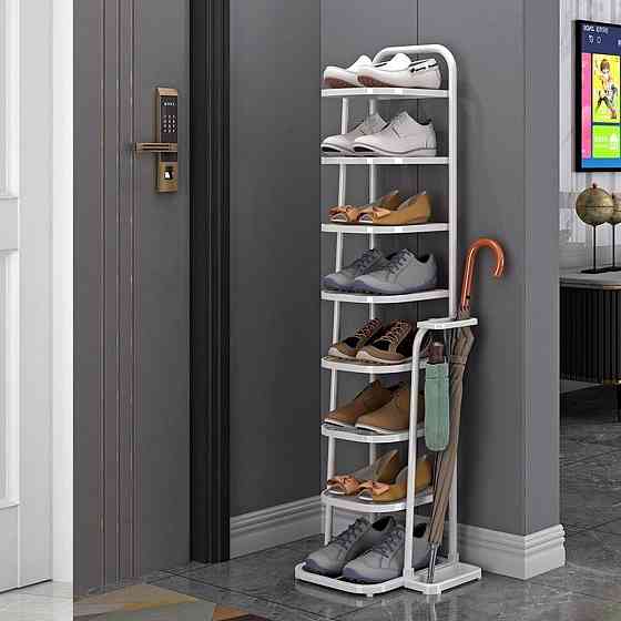 Полиця-стелаж для взуття, в передпокій на 8 пар взуття з підставкою для парасольок і аксесуарів, металевий, білий Кам'янець-Подільський