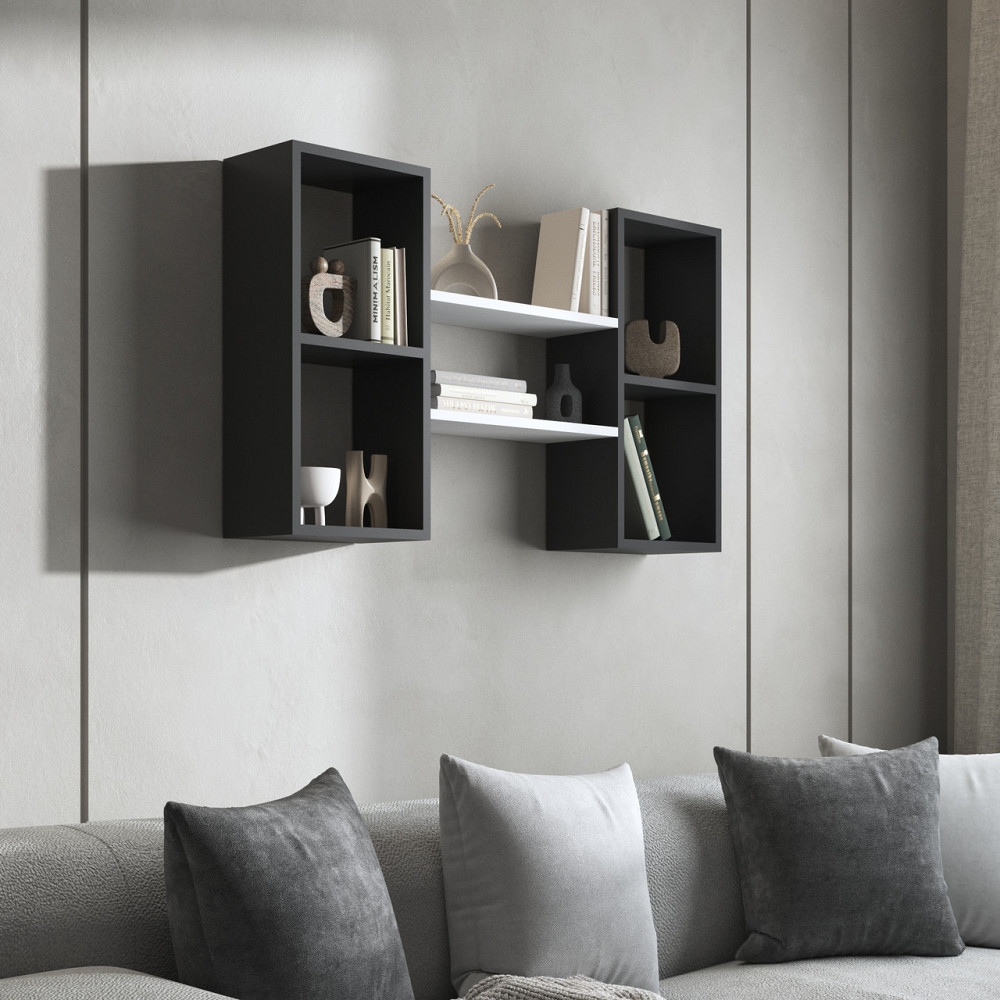 Навісна полиця VAYS M-11 Антрацит-Білий, з нішами для книг і декору, ЛДСП, 100×18×60 см - для вітальні, спальні, кабінету Львів - фото 1