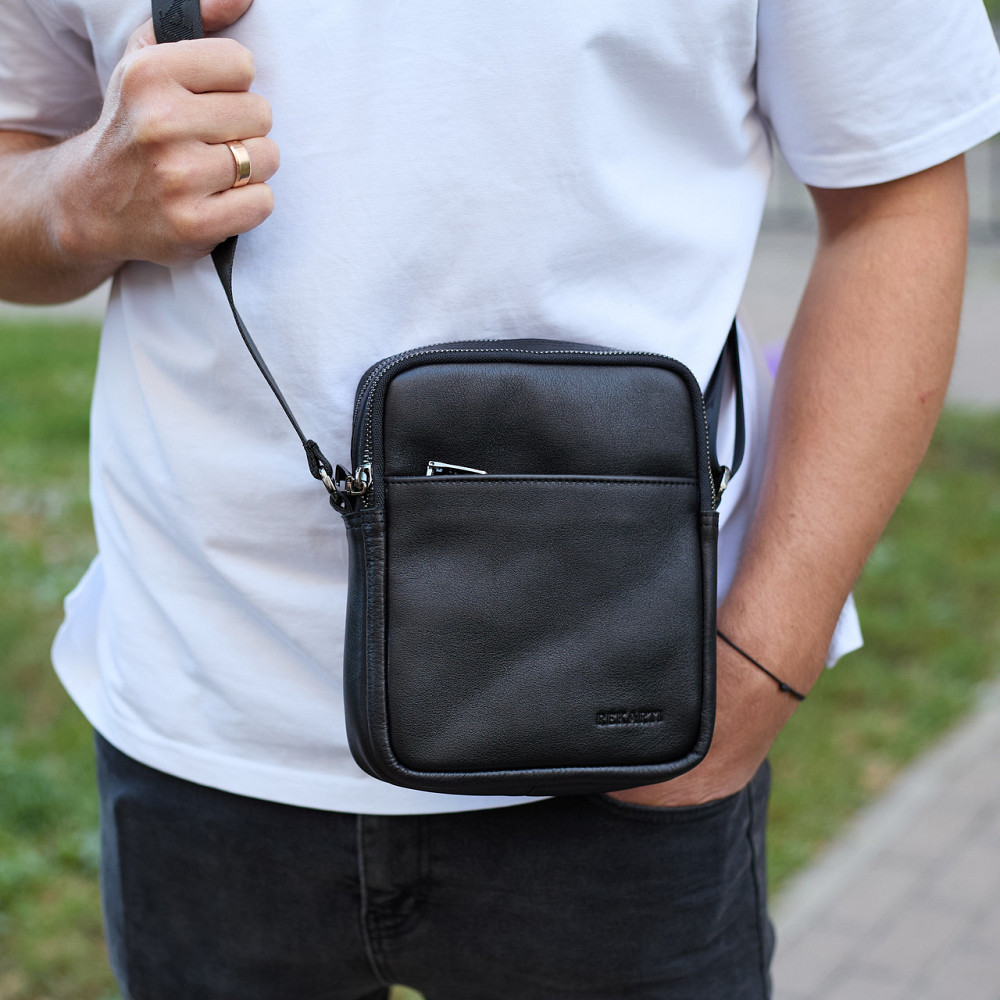 Мужская сумка через плечо, гладка шкіра 20х16х6, мессенджер для города, барсетка для телефона и документов, черная Киев - изображение 9