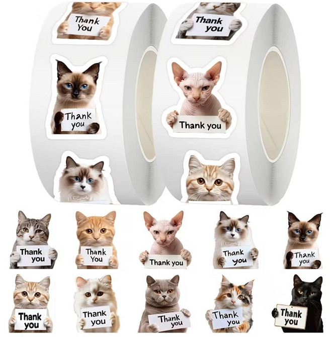 Наклейки Thank you коты 500 шт набор стикеров для упаковки заказов подарков Киев - изображение 1