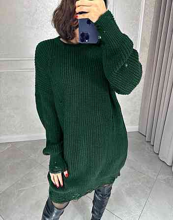 Жіноча затишна тепла сукня вільного силуету з рваним ефектом машинне в'язання Зелений Одеса