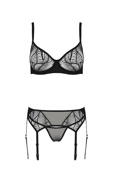 Комплект Passion LEAFA SET black, L/XL, мереживо+сітка, бюстгальтер на кісточках, стрінги, пояс для панчіх Sex Aura Київ - фото 3