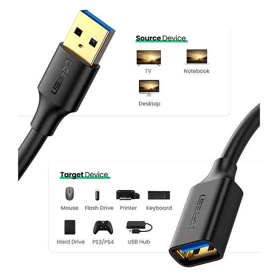 Кабель продовжувач USB 3.0 AM-AF, 3м, Connector gold-plated Чорний, US129 Ugreen Вінниця