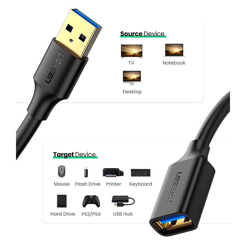 Кабель продовжувач USB 3.0 AM-AF, 3м, Connector gold-plated Чорний, US129 Ugreen Вінниця - фото 6