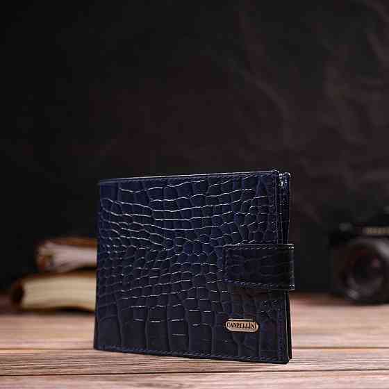 Гарний горизонтальний гаманець для чоловіків з натуральної шкіри з тисненням йод рептилію CANPELLINI 21889 Синий Київ