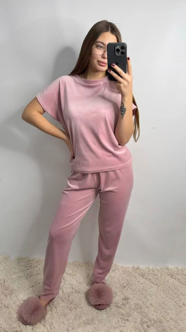 Пижама-комплект (футболка+шорти+штаны) из плюшевого велюра Пудровый XXL Харьков - изображение 5