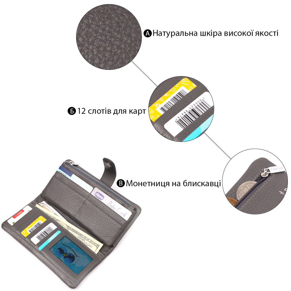 Вертикальное женское портмоне из натуральной кожи KARYA 20999 Серый Киев - изображение 4