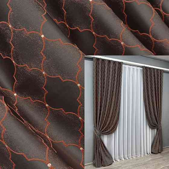 Комплект готових штор VR-Textil Жакард SAPFIR № 1752ш Графітовий з теракотовим 150х300 см 2 шт (33-0718) Київ