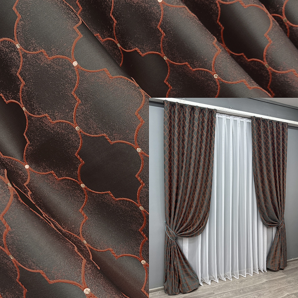 Комплект готових штор VR-Textil Жакард SAPFIR № 1752ш Графітовий з теракотовим 150х300 см 2 шт (33-0718) Київ - фото 1