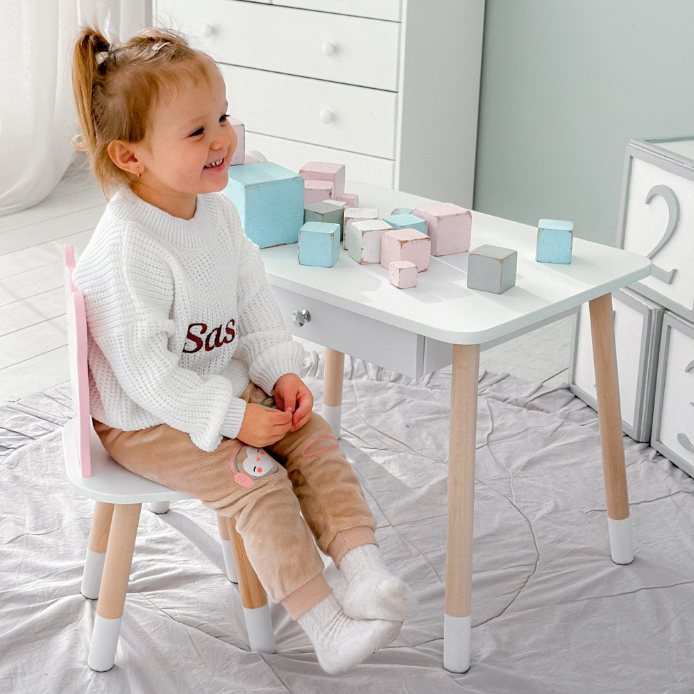 Стол прямоугольный с ящиком 46х60х45 и стул мордочка медвежонка 26х26х24, столик и стульчик для детской комнаты, белый с розовым Каменское - изображение 13