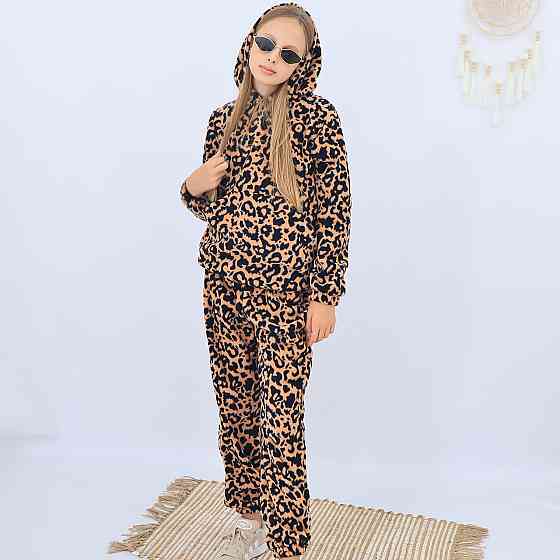 Дитячий теплий флісовий  костюм тедді (худі з капюшоном +штани) леопардовий для дівчинки Кам'янець-Подільський