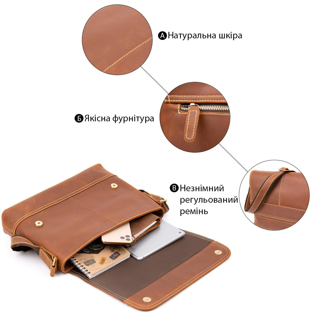 Сумка матовая мужская почтальонка Рыжая (Vintage) Киев - изображение 8