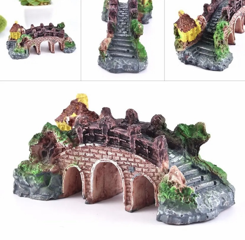 Декор для акваріума Мост Віадку з будиночком розмір 9,5 на 4,5 см смола акваріумний декор Київ - фото 1