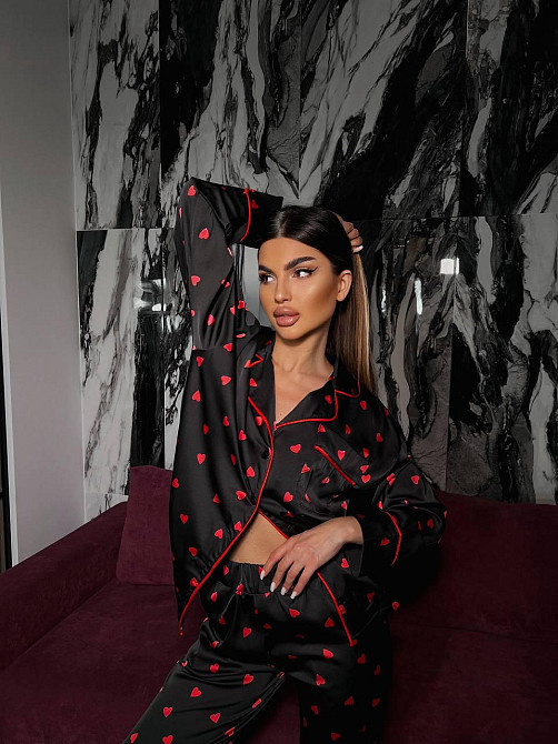 Женская пижама двойка с сердечками из шелка армани Черный, 44/46 Одесса - изображение 4