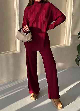 Женский теплый базовый костюм двойка мелкая машинная вязка Бордовый Одесса