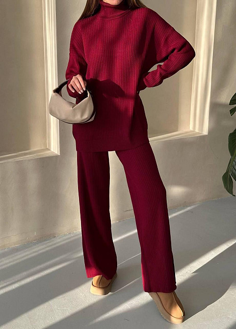 Женский теплый базовый костюм двойка мелкая машинная вязка Бордовый Одесса - изображение 1