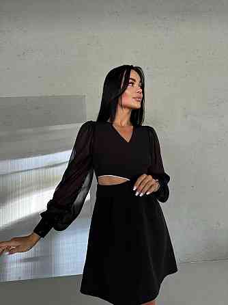 Жіноча елегантна сукня з асиметричним ефектним вирізом і шифоновими рукавами костюмка Чорний, 46 Одеса