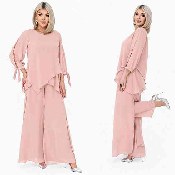 Костюм асимметричная туника и брюки-палаццо из крепшифона, свободный крой, пудра, размер 52/54 Лубны